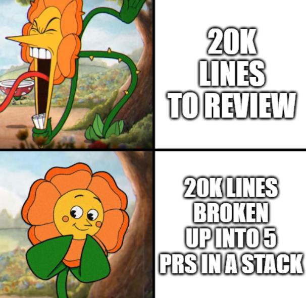 Meme sobre la revisión de un pull request enorme, con demasiados archivos cambiados como para revisarlos de verdad